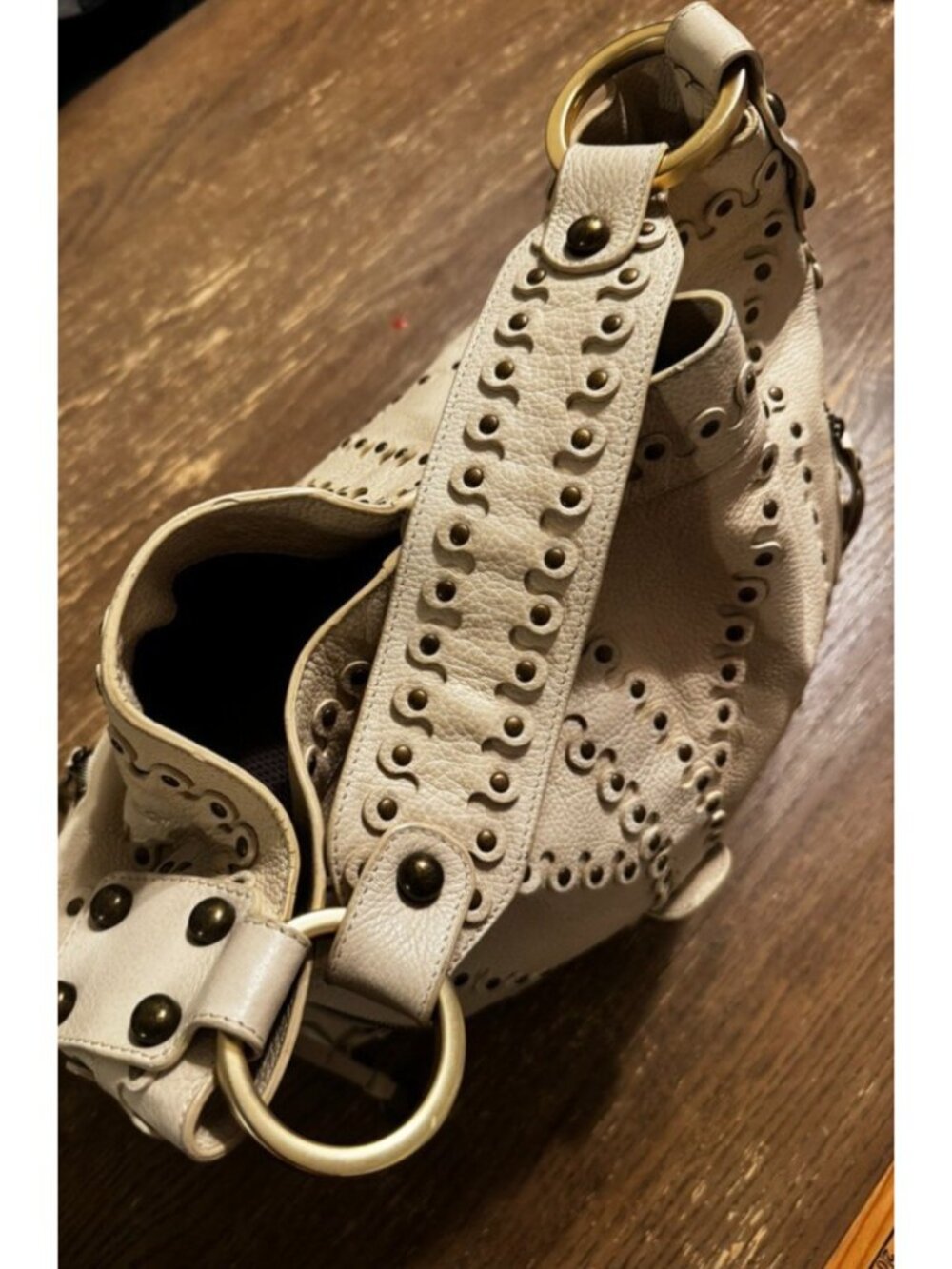 Vtg Besso Cream Italy Studded Leather Shoulder hobo Bag Y2K Western Boho Buckle - Picture 9 of 16